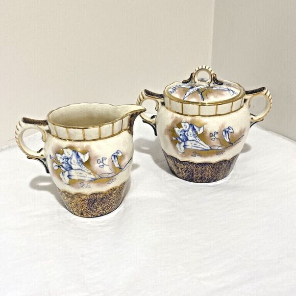 Vintage porcelain creamer & sugar bowl cobalt blue gold highlights unique floral - Picture 1 of 12